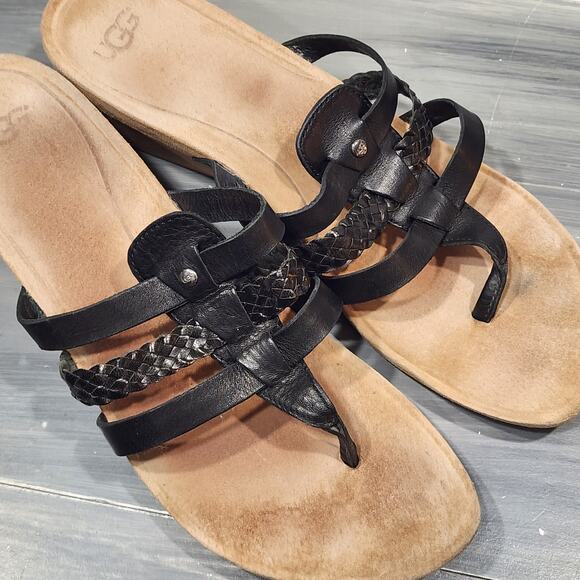 Ugg‎ Maddie Wedge Sandals Leather Cork Black Thongs Slip On Shoes Size 11 - Picture 7 of 11